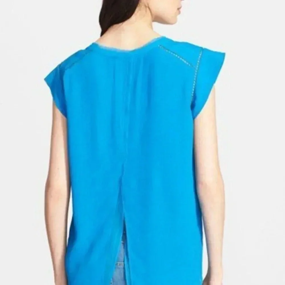 REBECCA TAYLOR Split Back Short Sleeve‎ Crepe Top Size 2 Blue Flowy